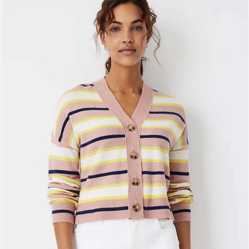 ANN TAYLOR Boxy Boyfriend Button Cardigan Striped V Neck Petite Small PS SP $98